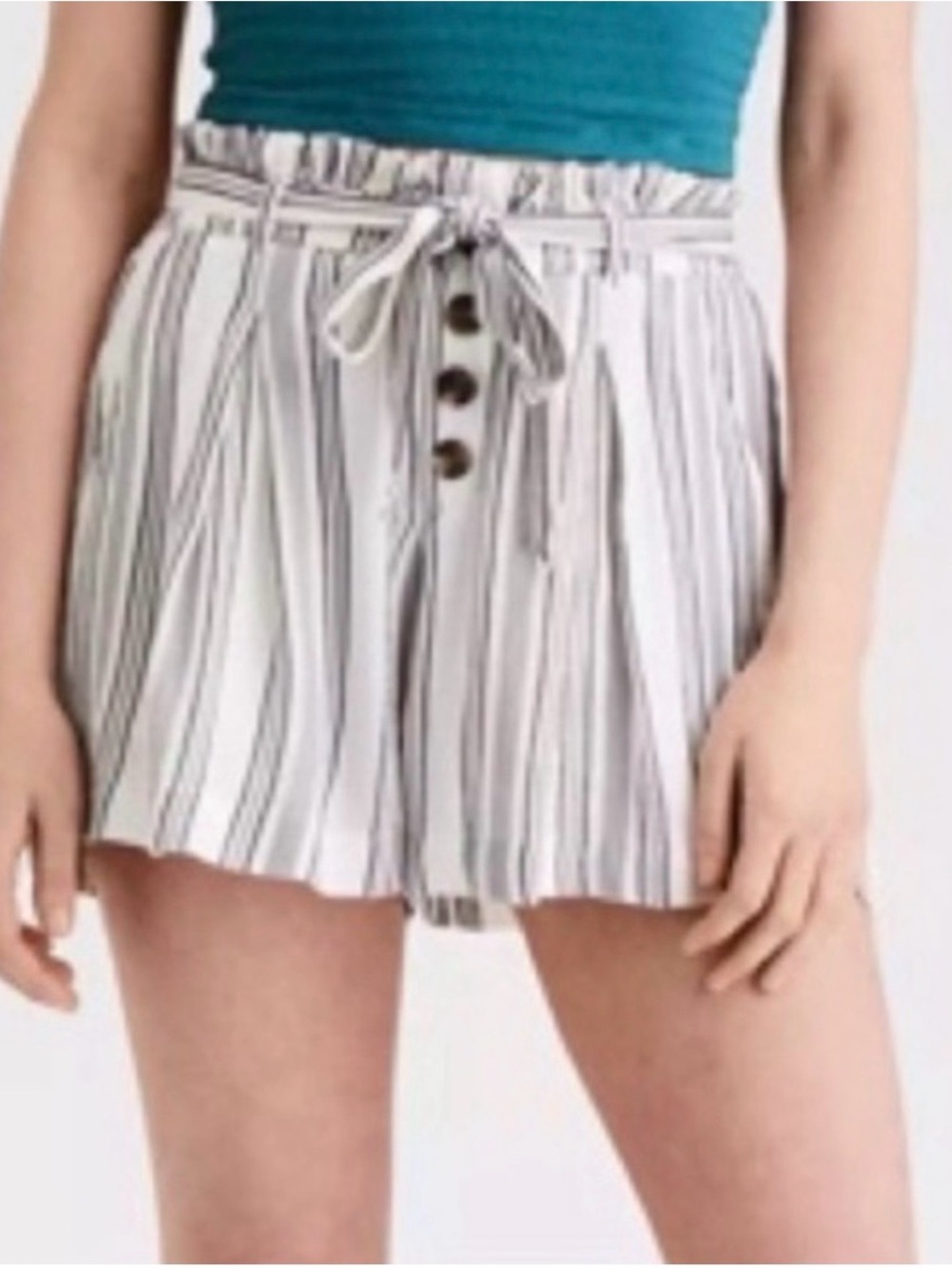 American Eagle Outfitters White and Black Striped High-Waist Tie-Front Shorts